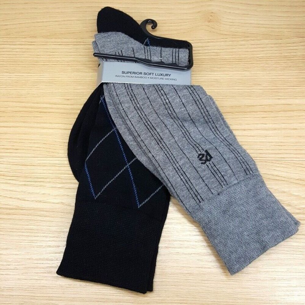 PERRY ELLIS Dress Socks 2-Pack Gray Stripe Black Argyle Superior Soft Luxury